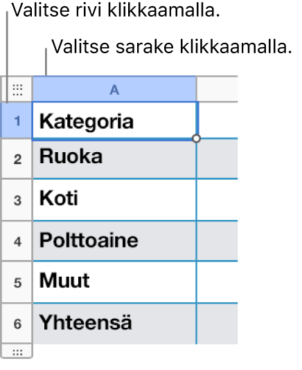 Valittu taulukon rivi sekä rivi- ja sarakevalintojen selitteet.