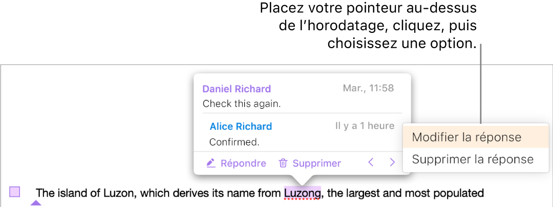 Un commentaire avec une réponse et le pointeur placé sur l’horodatage de la réponse. Un menu local propose deux options : Modifier la réponse et Supprimer la réponse.