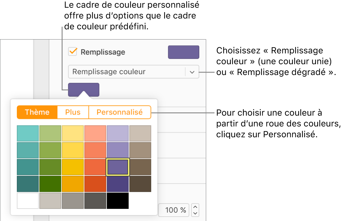 Remplissage couleur est sélectionné dans le menu Remplissage et le cadre de couleur affiché en dessous propose des couleurs de remplissage supplémentaires.