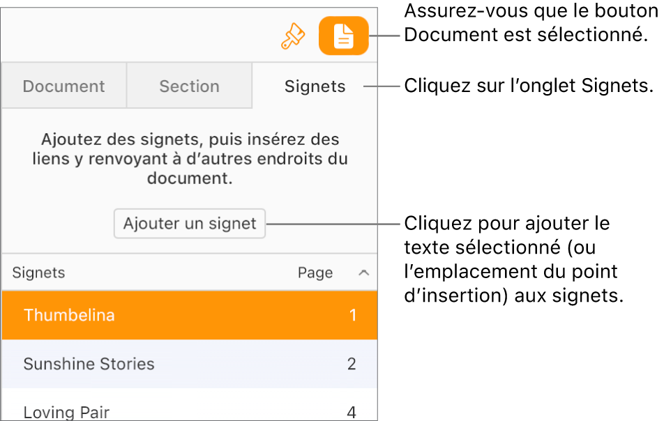 L’onglet Signets est sélectionné dans la barre latérale Document. Le bouton Ajouter un signet apparaît au-dessus d’une liste de signets qui ont déjà été ajoutés au document.