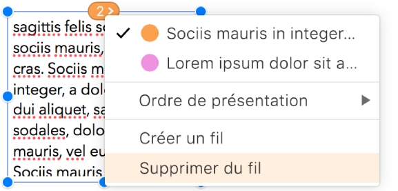 La deuxième zone de texte d’un fil est sélectionnée et un menu local à côté du cercle en haut de la zone de texte s’ouvre. Dans le menu local, l’élément de menu Supprimer du fil est sélectionné.