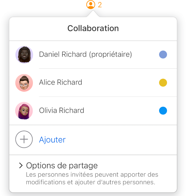 Le menu Collaboration affichant le nom des personnes qui collaborent sur le document. Les options de partage se trouvent sous les noms.