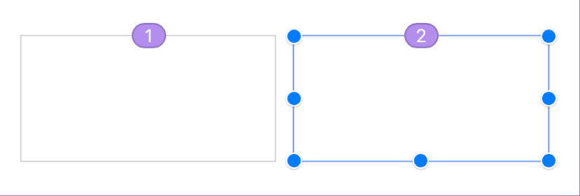 Deux zones de texte liées vides surmontées de cercles pleins de la même couleur.