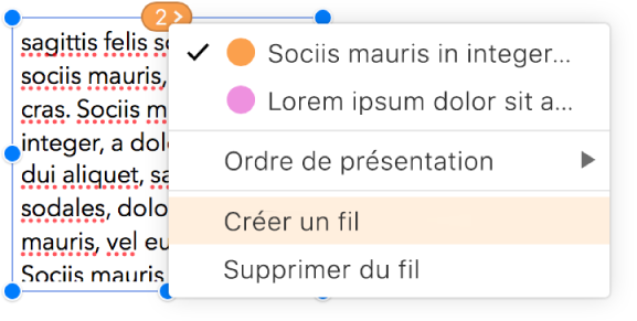 La deuxième zone de texte d’un fil est sélectionnée et un menu local à côté du cercle en haut de la zone de texte s’ouvre. Dans le menu local, l’élément de menu Créer un nouveau fil est sélectionné.