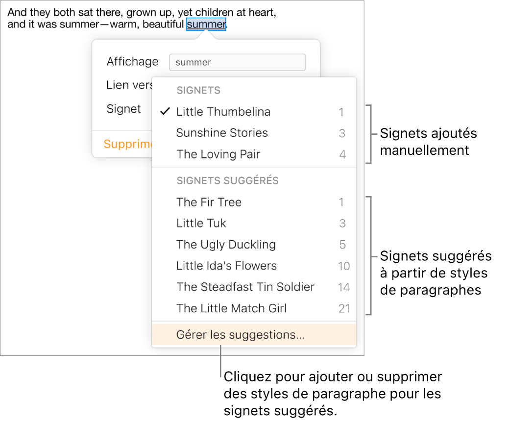 Liste des signets avec signets ajoutés manuellement en haut et signets suggérés au-dessous. L’option Gérer les suggestions est sélectionnée en bas du menu local.