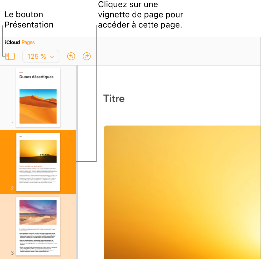 Présentation Vignettes de page sur le côté gauche de l’écran avec une page sélectionnée. Le bouton Présentation se trouve dans la barre d’outils au-dessus des vignettes.