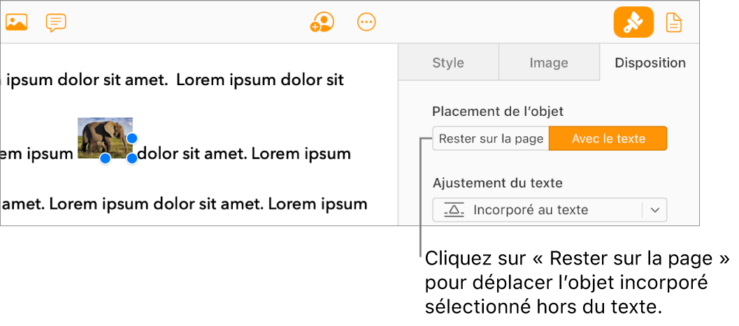 Une image incorporée au corps du document est sélectionnée et le bouton Rester sur la page est proposé dans l’onglet Disposition de la barre latérale.