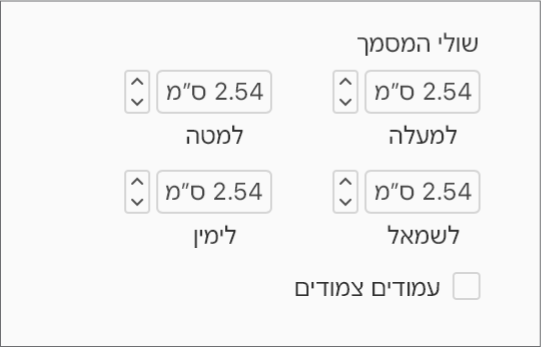 המקטע ״שולי מסמך״ של סרגל הצד ״מסמך״, עם פקדים המשמשים להגדרת השוליים העליונים, התחתונים, השמאליים והימניים.