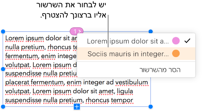 תיבת המלל הראשונה בשרשור נבחרת, ונפתח תפריט קופץ ליד העיגול בחלק העליון של תיבת המלל. בתפריט הקופץ, יש סימון ליד השרשור ששייך לתיבת המלל.