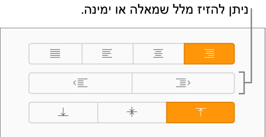 כפתורי ההזחה החוצה וההזחה פנימה בסרגל הצד ״עיצוב״.