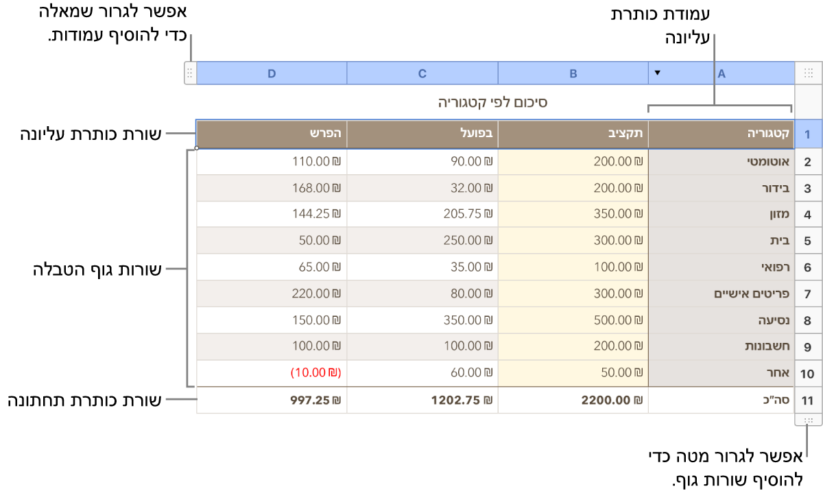 טבלה שמציגה שורות ועמודות של כותרת, גוף מלל ושל כותרת תחתונה ושבה ניתן להוסיף או למחוק שורות או עמודות.