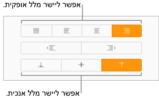 לחצני היישור האנכי והאופקי של מלל בסרגל הצד ״עיצוב״.