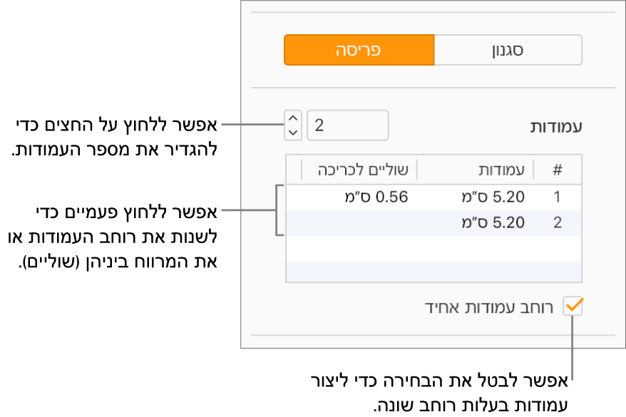 פקדי עמודות המלל בחלק ״פריסה״ של סרגל הצד ״עיצוב״.