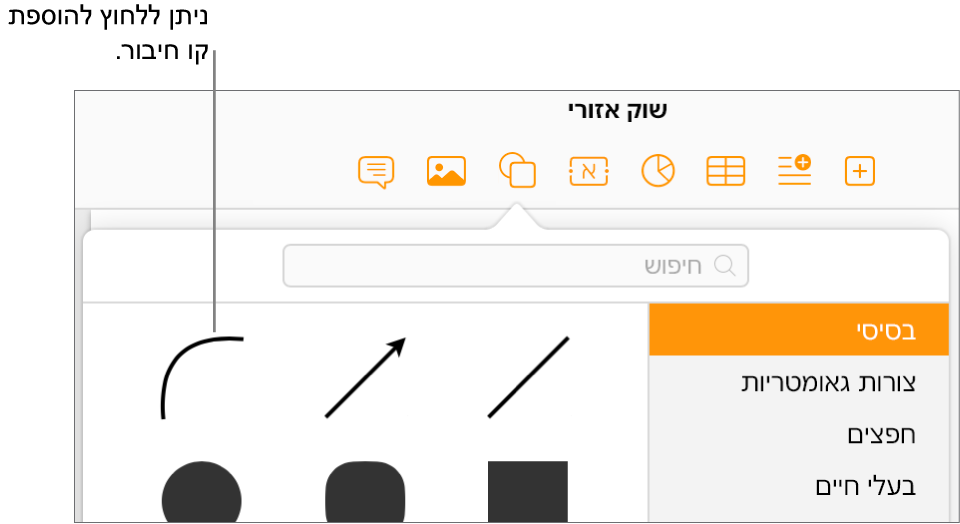 ספריית הצורות פתוחה, הקטגוריה ״בסיסי״ נבחרה מצד ימין ומספר שורות וצורות, כולל קו מעוקל, גלויות מצד שמאל.