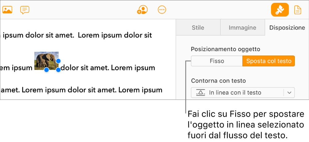 È selezionata un’immagine in linea all’interno del corpo del documento e il pulsante “Rimani sulla pagina” è visibile nel pannello Disposizione nella barra laterale.