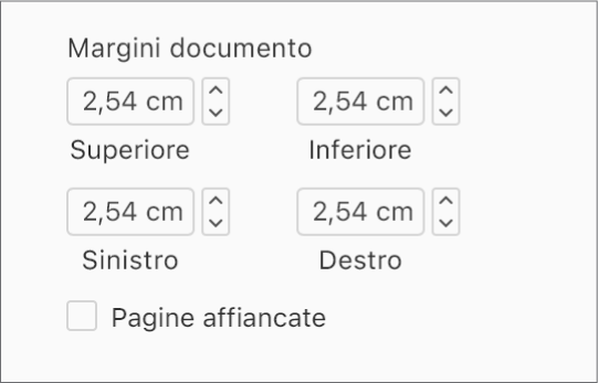 La sezione Margini documento della barra laterale Documento, con controlli per l’impostazione dei margini superiore, inferiore, desto e sinistro.