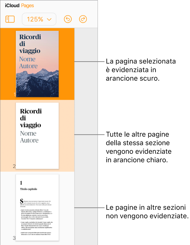 “Miniature pagina” nella barra laterale destra, con la pagina selezionata evidenziata in arancione scuro e un’altra pagina nella stessa sezione evidenziata in arancione chiaro. Una pagina in una sezione diversa non viene evidenziata.