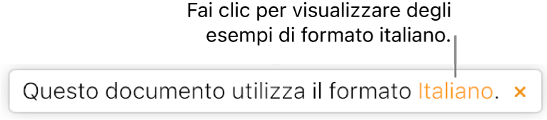 Un messaggio che indica che nel documento è in uso la formattazione della lingua italiana.