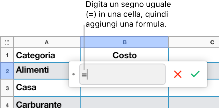 L’editor di formule con il segno uguale (=) e nessuna formula inserita.