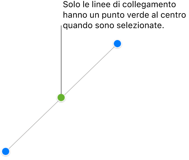 È selezionata una linea di collegamento diritta; alle estremità sono visualizzate le maniglie blu di selezione e al centro un punto verde.