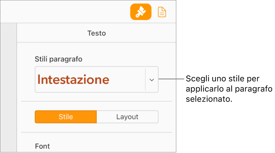 Il menu a discesa “Stili paragrafo” nella barra laterale Formato. È selezionato lo stile paragrafo Intestazione (font grassetto rosso).