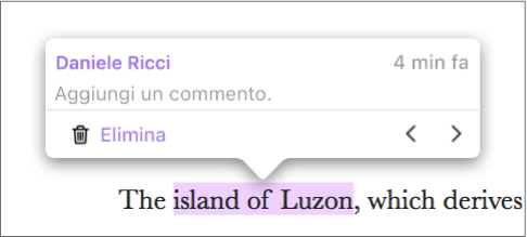 Una porzione di testo del documento è stata evidenziata; il nome dell’autore e l’ora dell’evidenziazione sono mostrate sopra la porzione evidenziata.