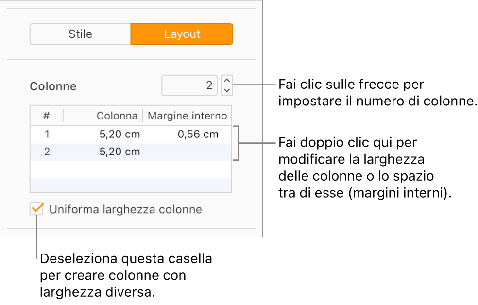 I controlli della colonna di testo nella porzione Layout della barra laterale Layout.