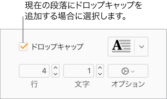 「ドロップキャップ」チェックボックスがオンになると、その右側にポップアップメニューが表示されます。その下に、行の高さや文字数などのオプションを設定するためのコントロールが表示されます。