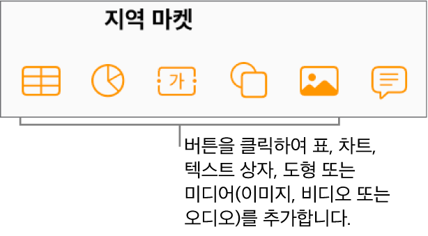 도구 막대의 표, 차트, 텍스트, 도형 및 미디어 버튼.