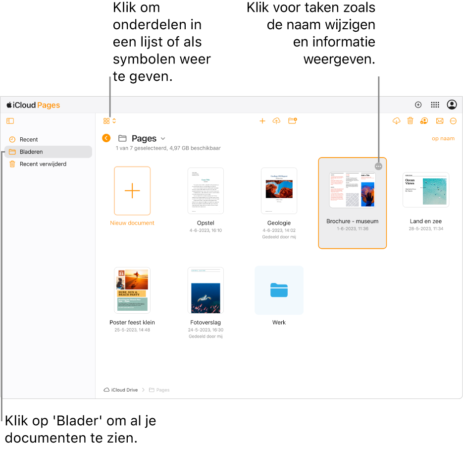 De documentmanager in bladerweergave. De knop 'Meer' (drie stippen) is zichtbaar in de rechterbovenhoek van het geselecteerde document. Boven de documenten staat links in de knoppenbalk een pop‑upmenu waarin je kunt kiezen of je onderdelen als symbolen of in een lijst wilt weergeven. In het midden van de knoppenbalk staan knoppen voor het aanmaken of uploaden van een document en het aanmaken van een nieuwe map. Rechts in de knoppenbalk staan knoppen voor downloaden, samenwerken, e‑mailen en verwijderen.