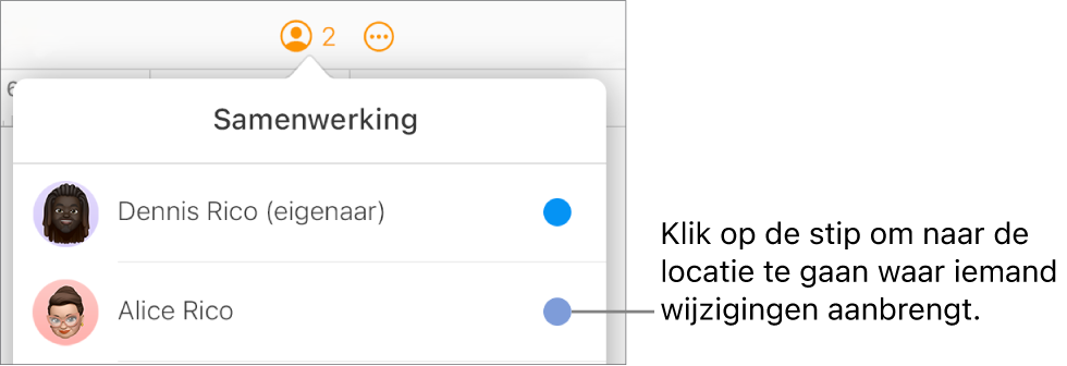 Het geopende samenwerkingsmenu met twee deelnemers en een verschillende kleur stip naast elke naam.