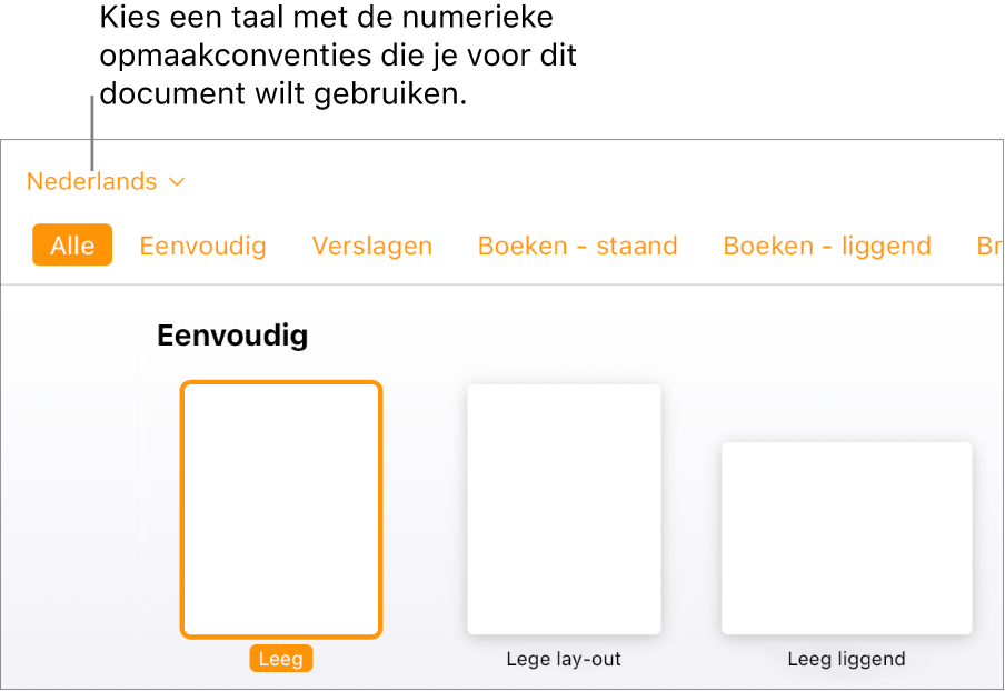 Het pop‑upmenu linksboven in de sjabloonkiezer waarin 'Engels (Verenigde Staten)' is geselecteerd.