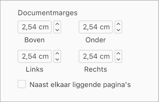 De sectie 'Documentmarges' van de navigatiekolom 'Document', met regelaars om de marges boven, onder, links en rechts in te stellen.