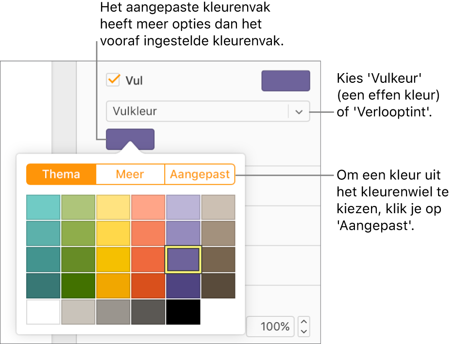 In het pop‑upmenu onder het aankruisvak 'Vulling' is 'Vulkleur' geselecteerd, waardoor het kleurenvak onder het pop‑upmenu meer vulkleuropties weergeeft.