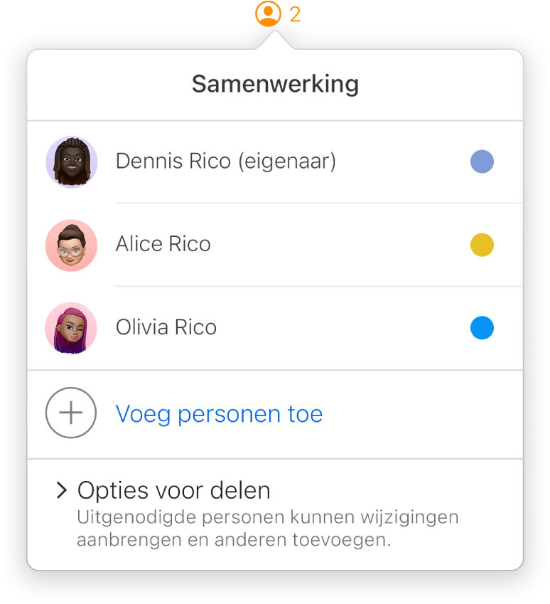 Het menu 'Samenwerking' met daarin de namen van mensen die samen aan het document werken. Onder de namen staan de opties voor delen.