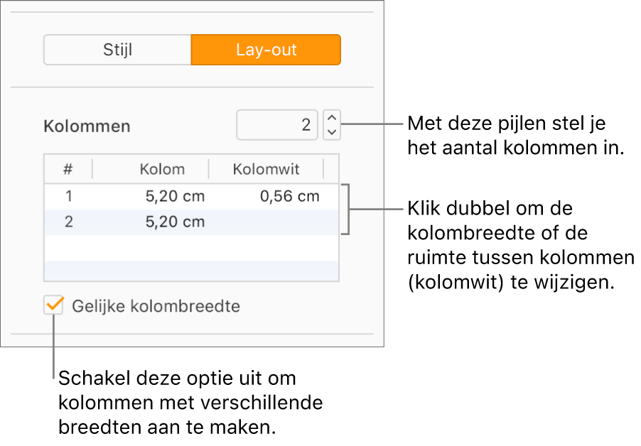 De tekstkolomregelaars in het gedeelte 'Lay-out' van de navigatiekolom 'Opmaak'.