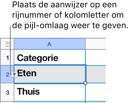 Er is een rijnummer geselecteerd in een tabel en rechts ervan wordt een pijl omlaag weergegeven.