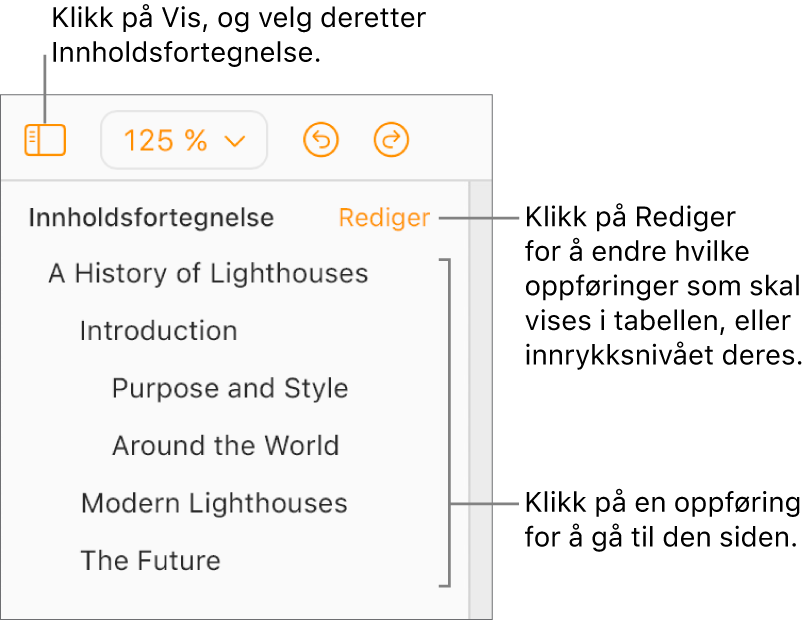 Innholdsfortegnelsen er åpen i det venstre sidepanelet og inneholder oppføringer for dokumenttittelen og fem andre overskrifter.