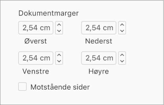 Dokumentmarger-delen av Dokument-sidepanelet, med kontroller for angivelse av marger øverst, nederst, til venstre og til høyre.