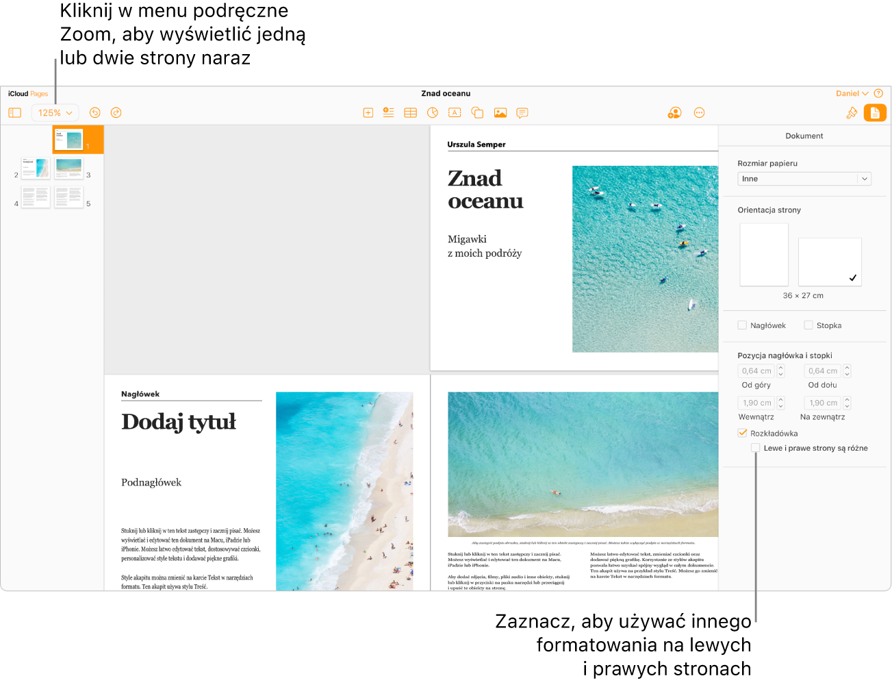 Okno aplikacji Pages dla iCloud z miniaturkami stron i stronami dokumentu wyświetlanymi jako dwustronicowe rozkładówki. Na widocznym po lewej stronie pasku bocznym Dokument znajduje się niezaznaczone pole wyboru Lewe i prawe strony są różne.