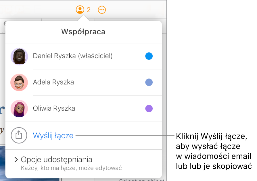 Zostanie otwarte menu Współpraca z opcją Wyślij łącze pod listą uczestników.