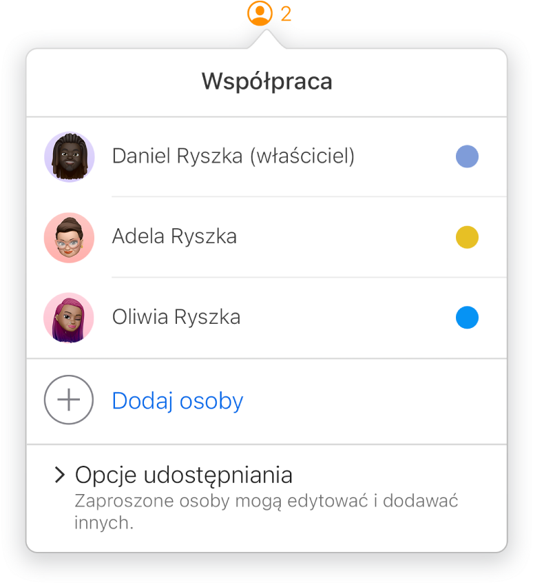 Menu współpracy zawierające nazwiska osób wspólnie pracujących nad dokumentem. Poniżej widoczne są opcje udostępniania.