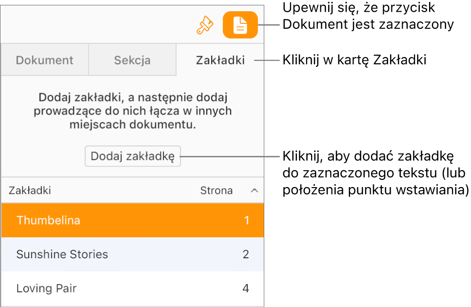 Na pasku bocznym Dokument wybrana jest karta Zakładki. Przycisk Dodaj zakładkę pojawia się nad listą zakładek, które zostały już dodane do dokumentu.