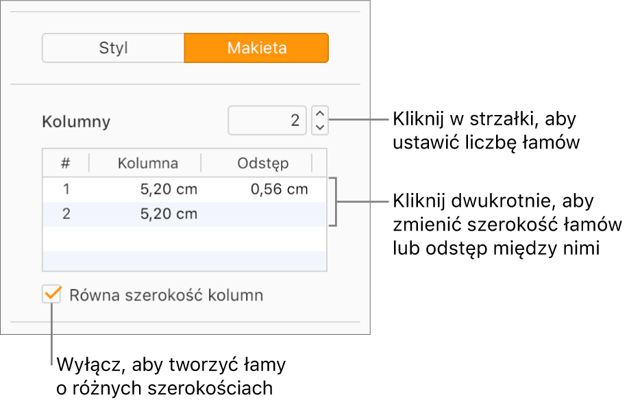 Narzędzia kolumny tekstowej w części Makieta paska bocznego Format.