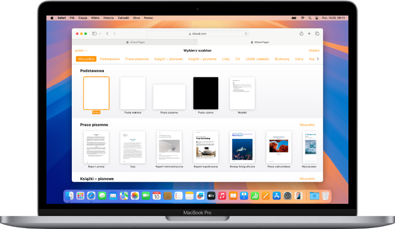 Otwarte okno wyboru szablonu, w którym widać kilka przykładowych dokumentów do wyboru.