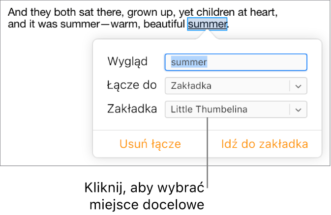 Tekst w dokumencie jest zaznaczony i podkreślony, a okno łącza pokazuje, że tekst jest połączony z zakładką.