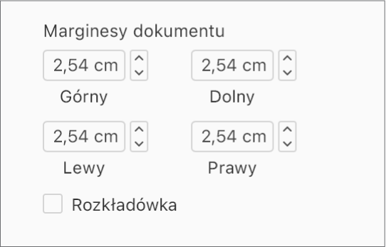 Sekcja Marginesy dokumentu na pasku bocznym Dokument z narzędziami umożliwiającymi ustawienie ustawieniem marginesów — górnego, dolnego, lewego i prawego.