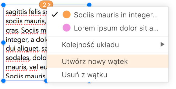 Drugie pole tekstowe w wątku jest zaznaczone, a menu podręczne obok kółka u góry pola tekstowego jest otwarte. W menu podręcznym wybrany jest element Utwórz nowy wątek.