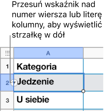 Numer wiersza jest zaznaczony w tabeli, a po jego prawej stronie widoczna jest strzałka w dół.