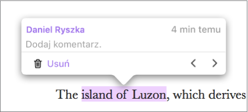 Gdy w dokumencie jest wyróżniony fragment tekstu, nad nim widać imię i nazwisko osoby zaznaczającej oraz czas dodania wyróżnienia.